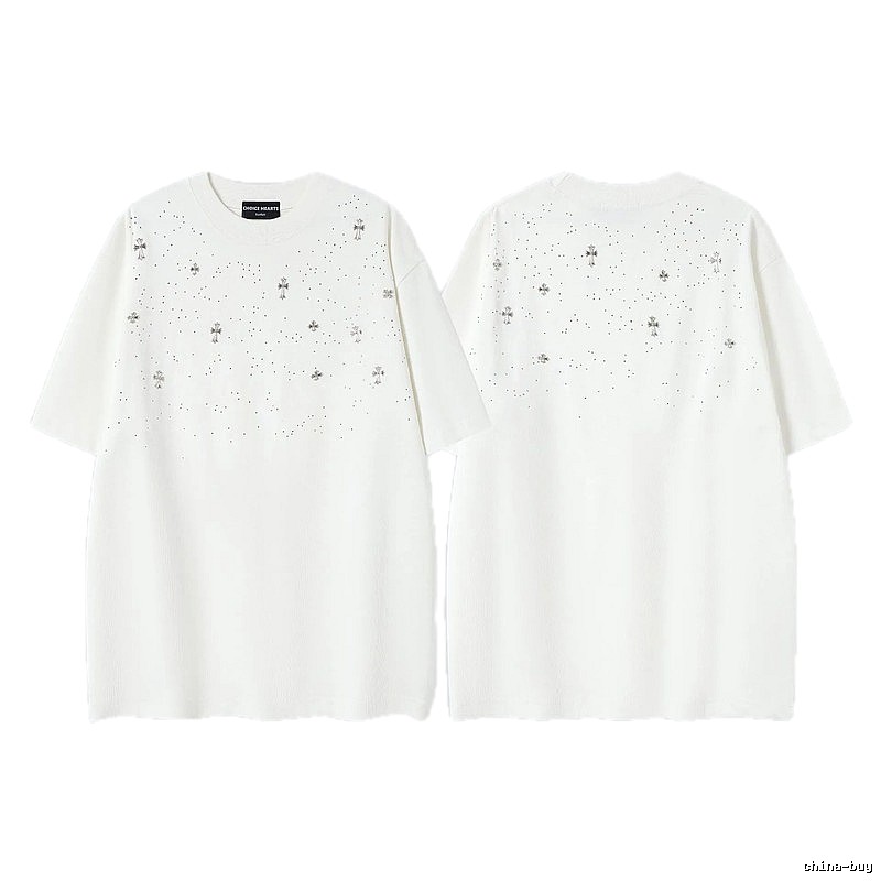 Chrome Hearts Cross Hot-Fix Rhinestone Street Style White T-Shirt