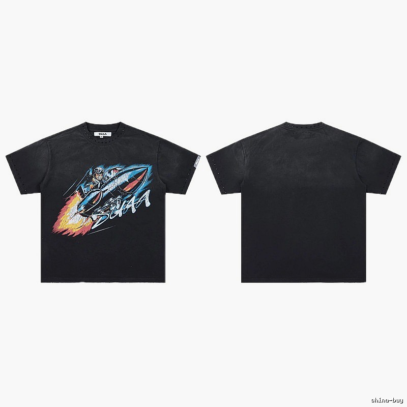 DUAA Rocket Print Vintage Style Black Short-sleeve T-shirt