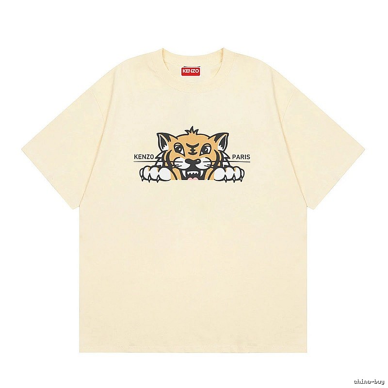 KENZO Tiger Head Print Streetwear Style Beige Short Sleeve T-Shirt