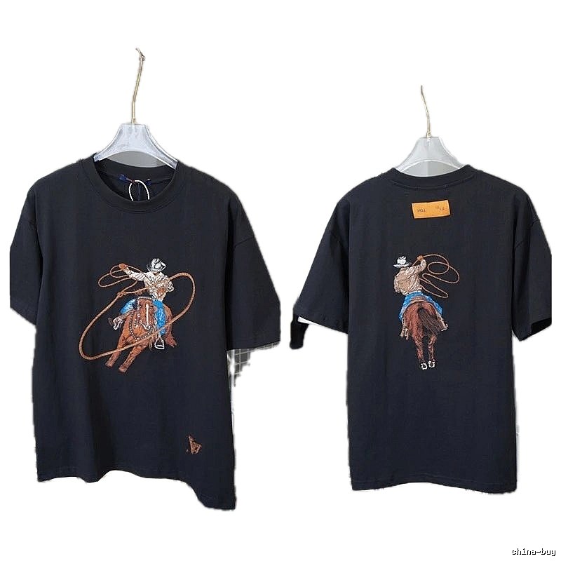 Louis Vuitton Vintage-style Black T-shirt with Denim Embroidery