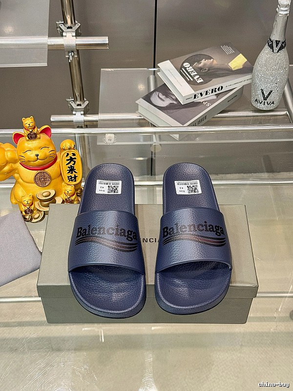 Balenciaga Letter Print Casual Style Navy Blue Slides