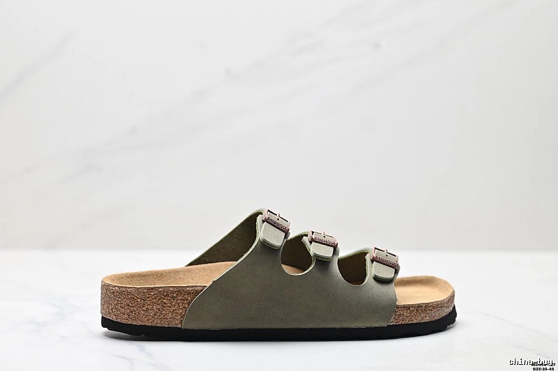 Birkenstock Three-Buckle Casual Army Green Cork Slide Sandals