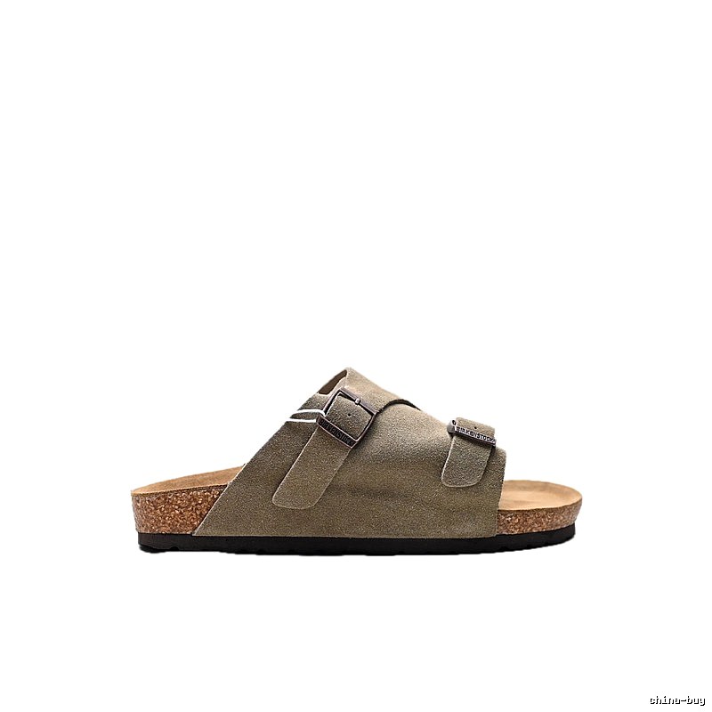 Birkenstock Vintage-Style Double-Buckle Khaki Cork Slide Sandals