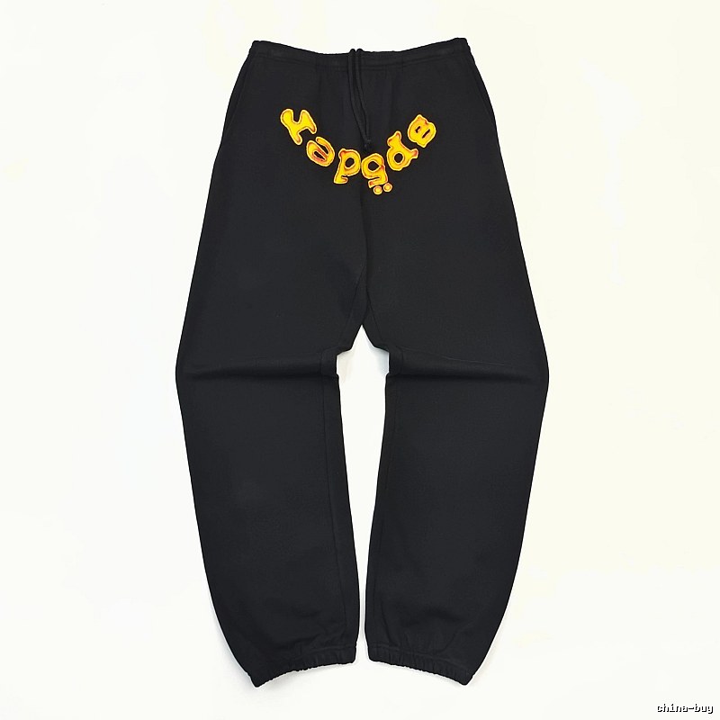 Bold Yellow Wordmark Graphics And Cuffed Hems Black Sp5der Logo Sweatpants