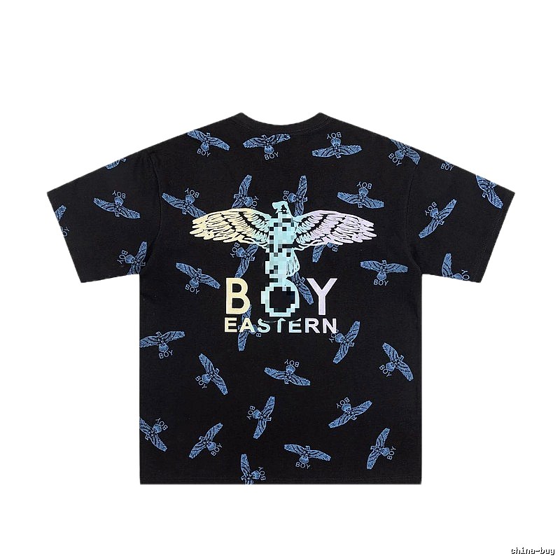 BOY All-over Flying Eagle Print Streetwear Style Black Short-sleeve T-shirt