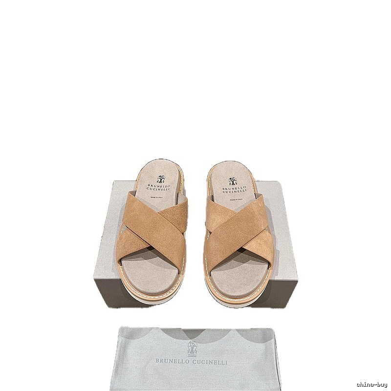 Brunello Cucinelli Casual-style Camel Cross-strap Slide Sandals