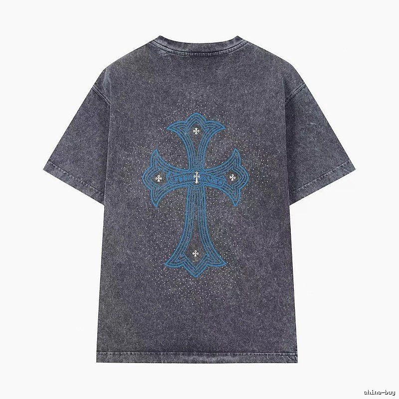 Chrome Hearts Blue Cross Vintage Charcoal Gray Short Sleeve T-shirt