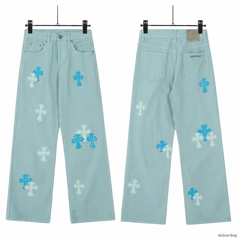 Chrome Hearts Cross Trend Brand Light Blue Jeans