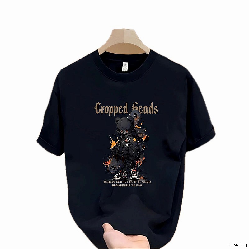 Cropped Skate Bear Street Style Navy Short Sleeve T-Shirt