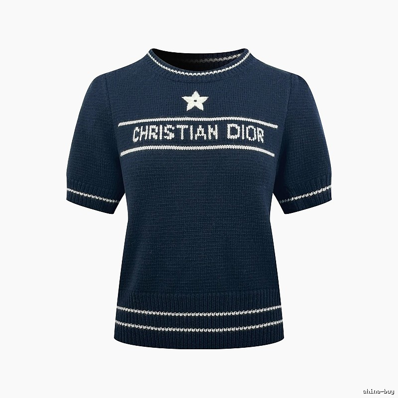 Dior Short Sleeve Knit Sweater with Cream Trim and Star Detail