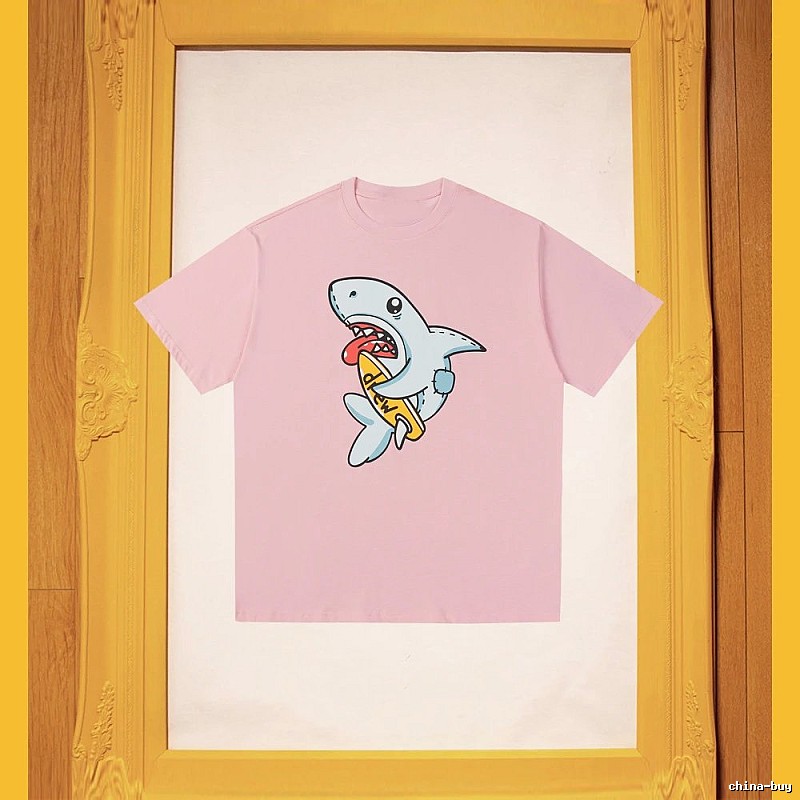 DREW Cartoon Shark Street Style Pink Short-sleeve T-shirt