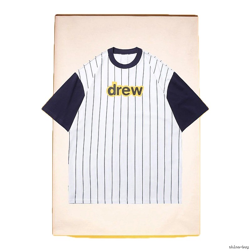 DREW Letter Print Street Style White and Navy Blue Short Sleeve T-Shirt