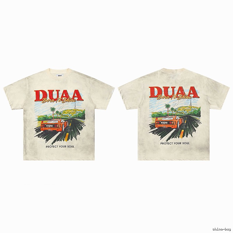 DUAA Sports Car Print American Retro Off-white Short Sleeve T-Shirt