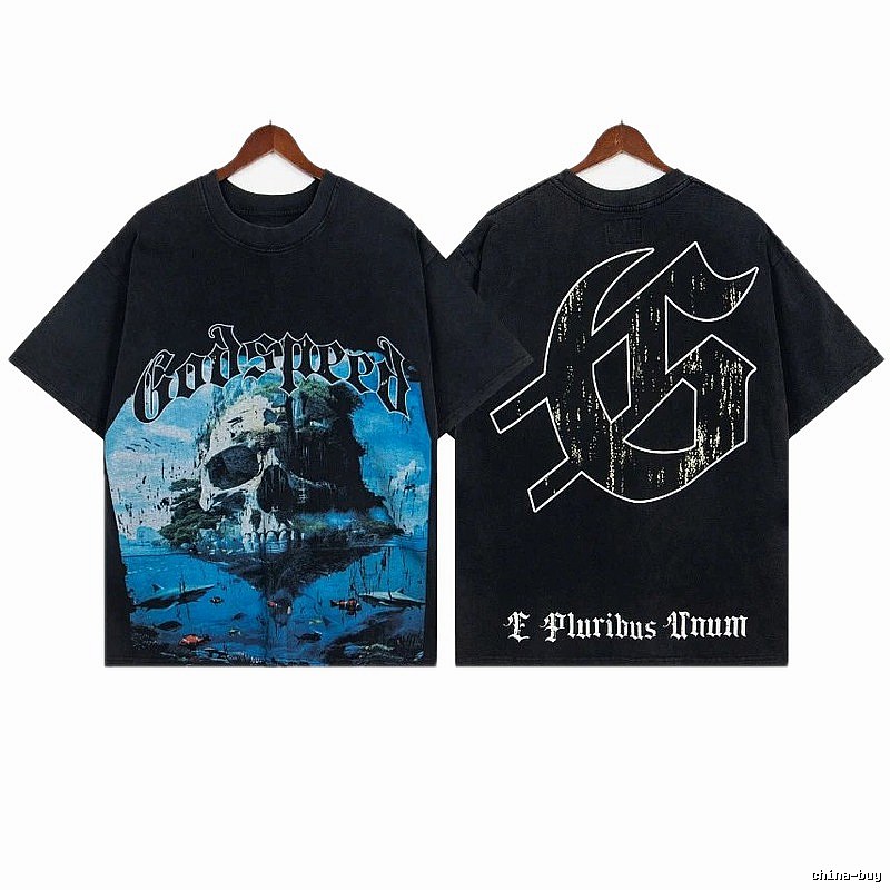 Godspeed Skull Print Vintage Distressed Black T-Shirt