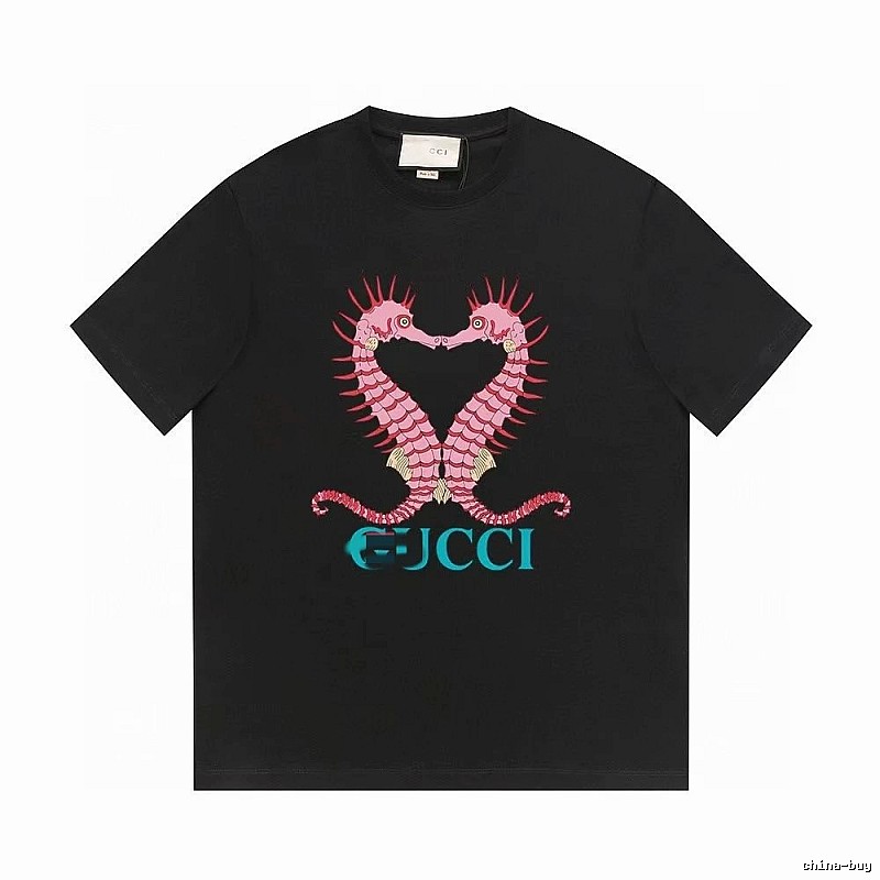 Gucci Double Seahorse Print Trendy Style Black T-Shirt