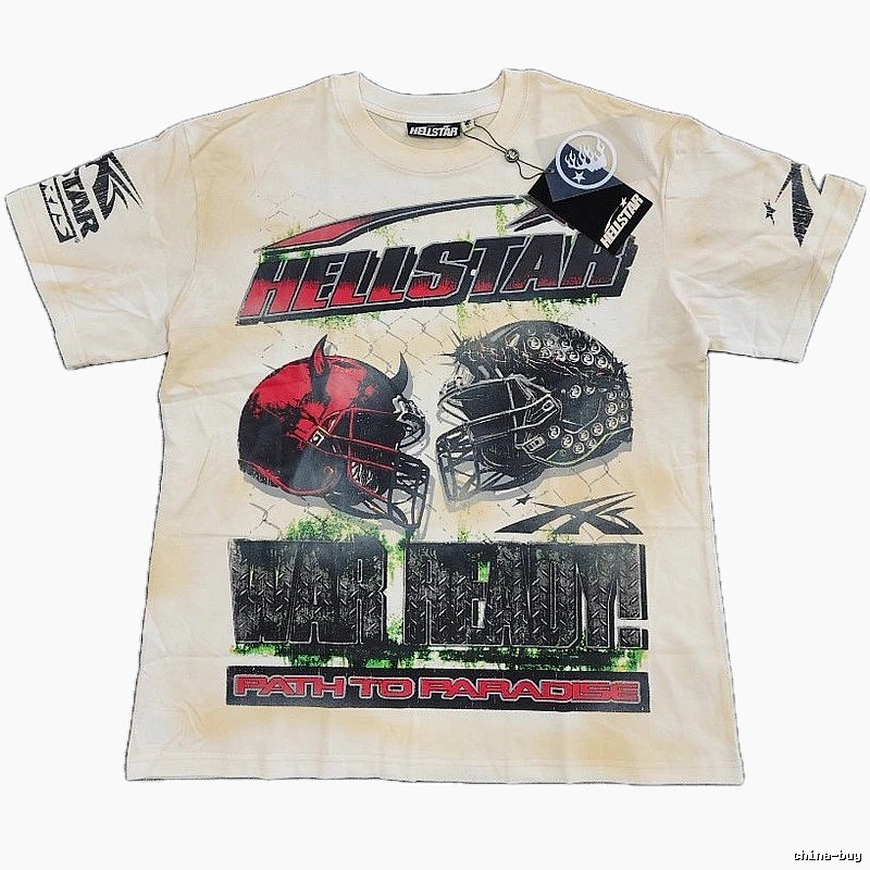 Hellstar Helmet Print Street Style Off-white T-shirt