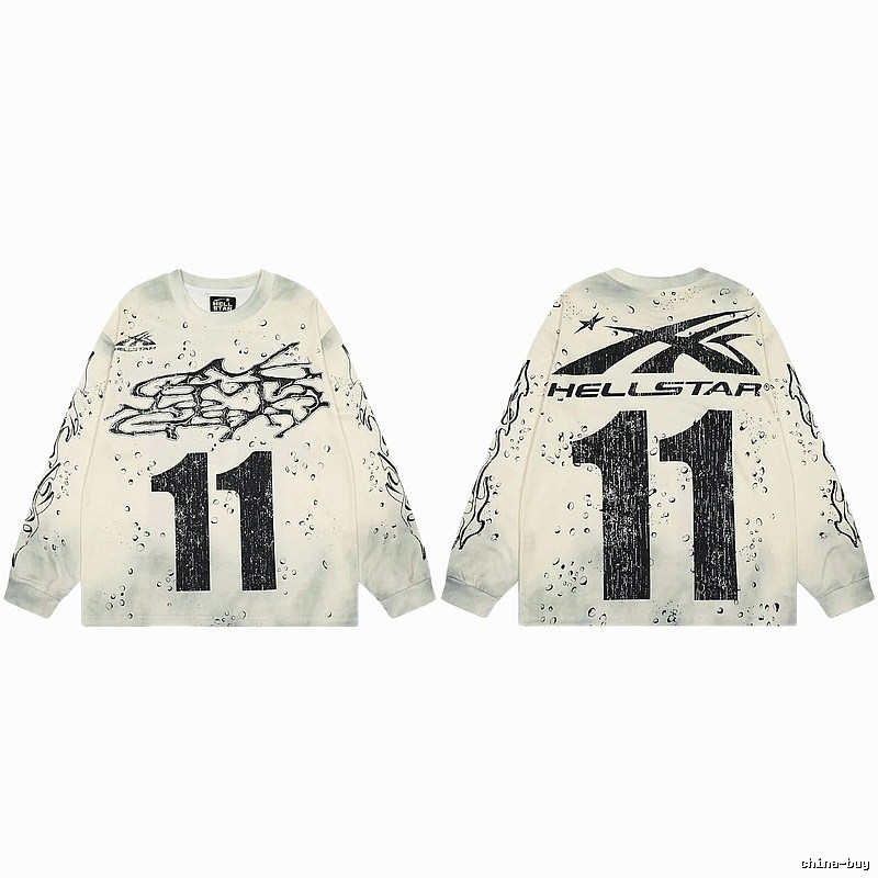 Hellstar No.11 Distressed Street Style Off-white Long Sleeve T-shirt