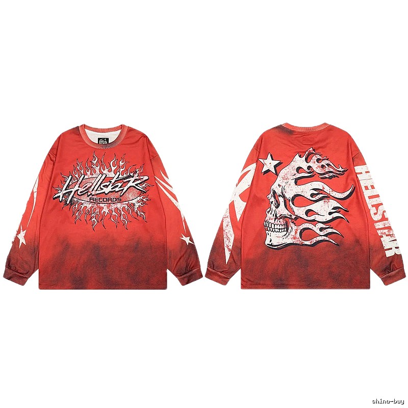 Hellstar Skull Flame Street Style Red Long Sleeve T-shirt