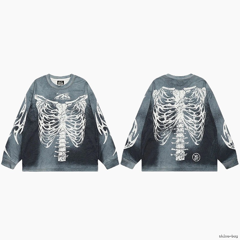 Hellstar Skull Print Street Style Vintage Grey Long Sleeve T-shirt