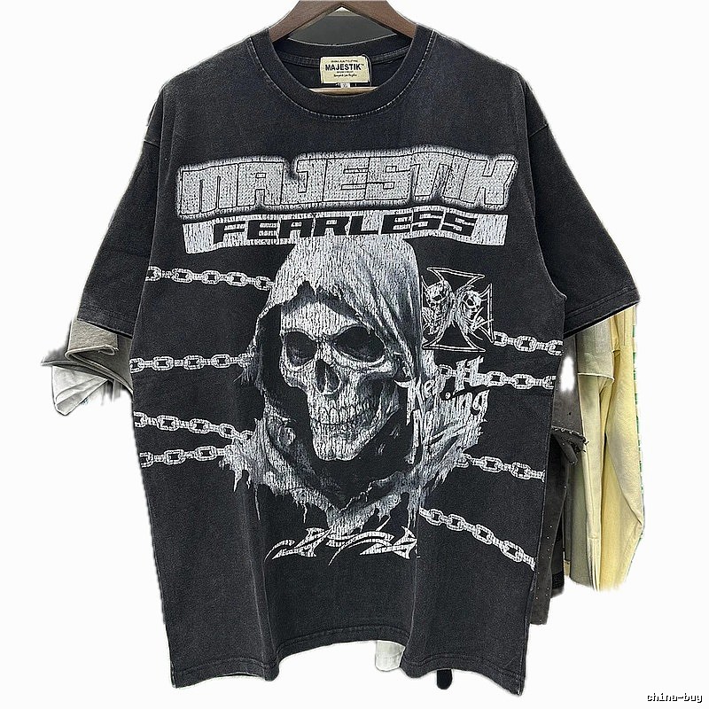 MAJESTIK Skull Print Dark Style Washed Black T-shirt