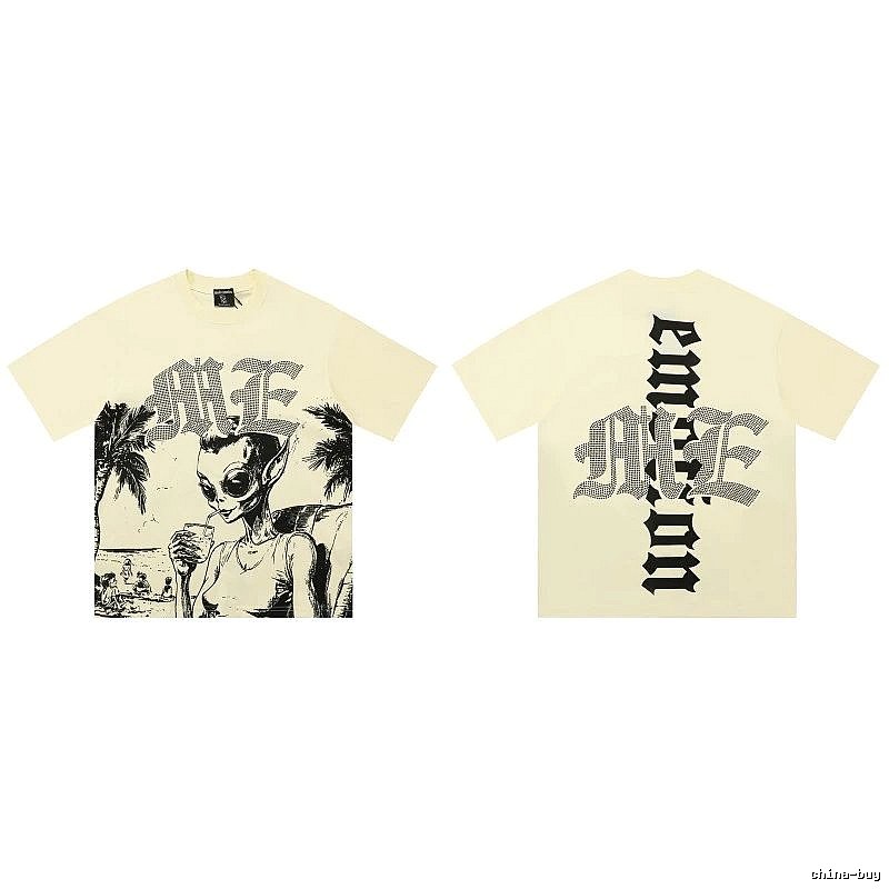 Mixed Emotion Alien Print Street Style Beige T-Shirt