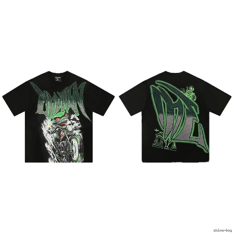 Mixed Emotion Motorcycle Gothic Style Black and Green Short Sleeve T-Shirt