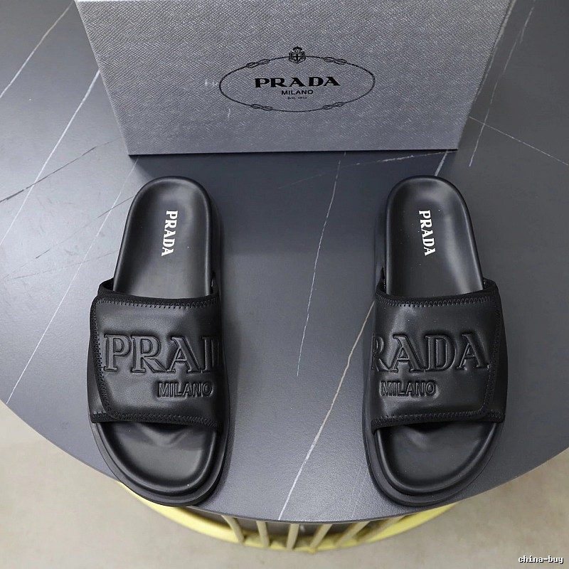 Prada Embossed Trendy Cool Style Black Slippers