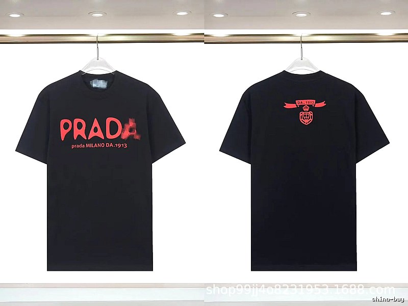 Prada Letter Print Trendy Cool Style Black Short-sleeve T-shirt