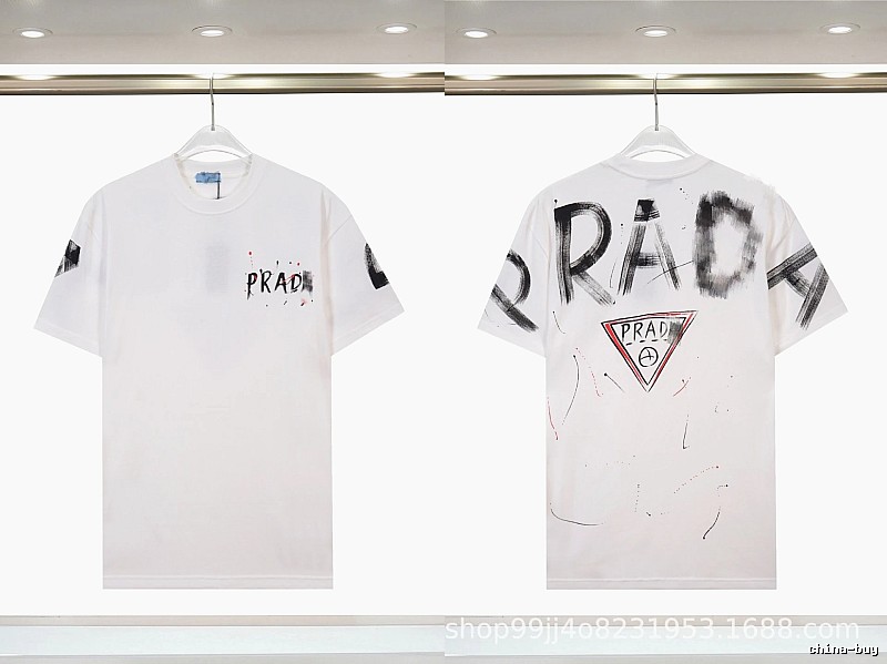 Prada Triangle Logo Graffiti Street Style White Short-sleeve T-shirt