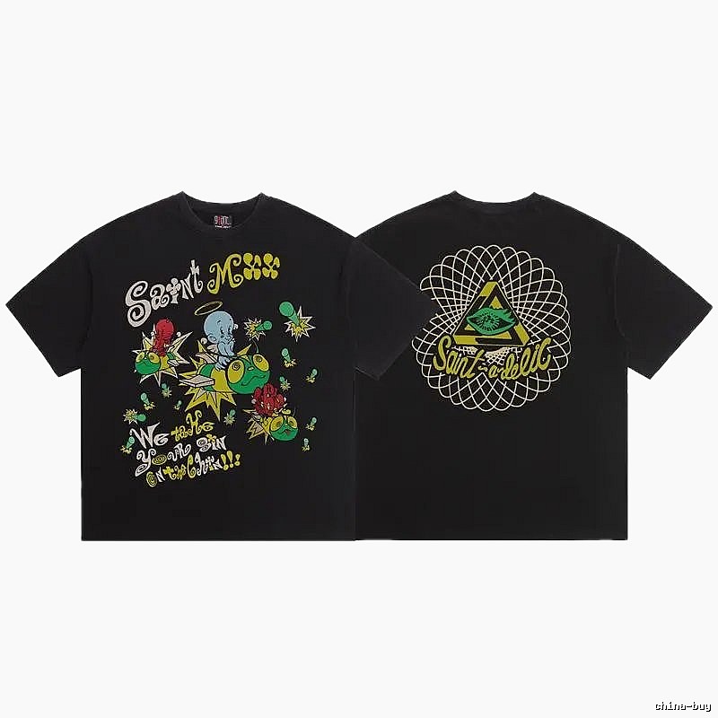SAINT Cartoon Graffiti Street Style Black T-Shirt