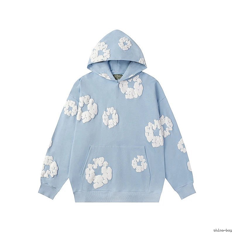 Sky Blue Flower Print Pullover Hoodie