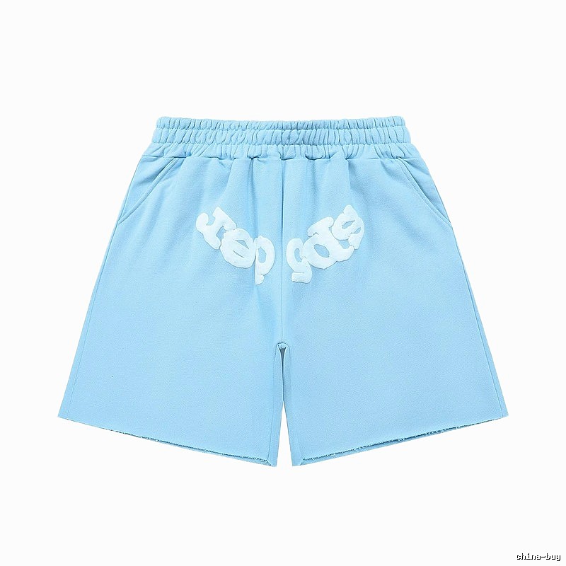 Sp5der letter-style light blue shorts