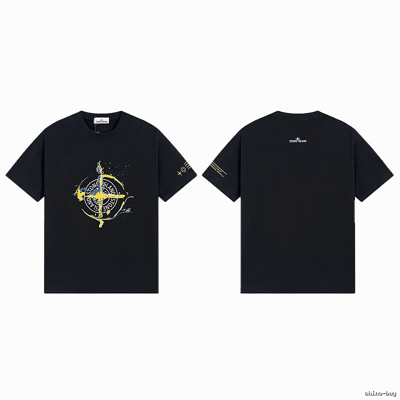 Stone Island Ink-splattered Street Style Black Short-sleeve T-shirt