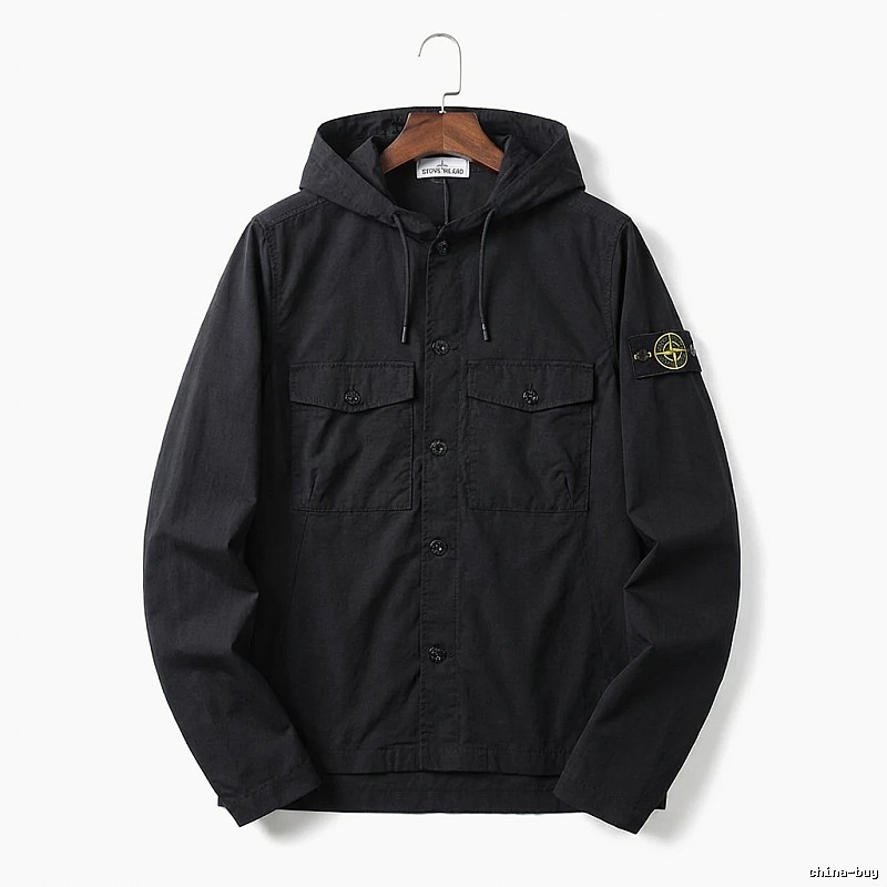 Stone Island Workwear Style Black Hooded Coat