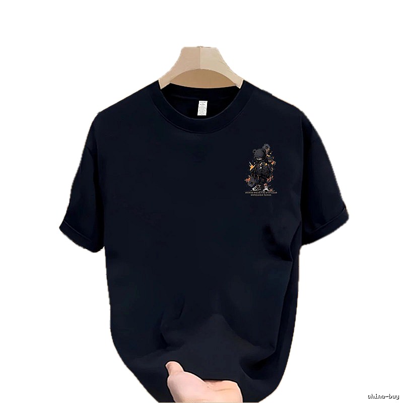 Streetwear Street Style Navy Blue Mechanical Bear Graphic Short-sleeve T-shirt