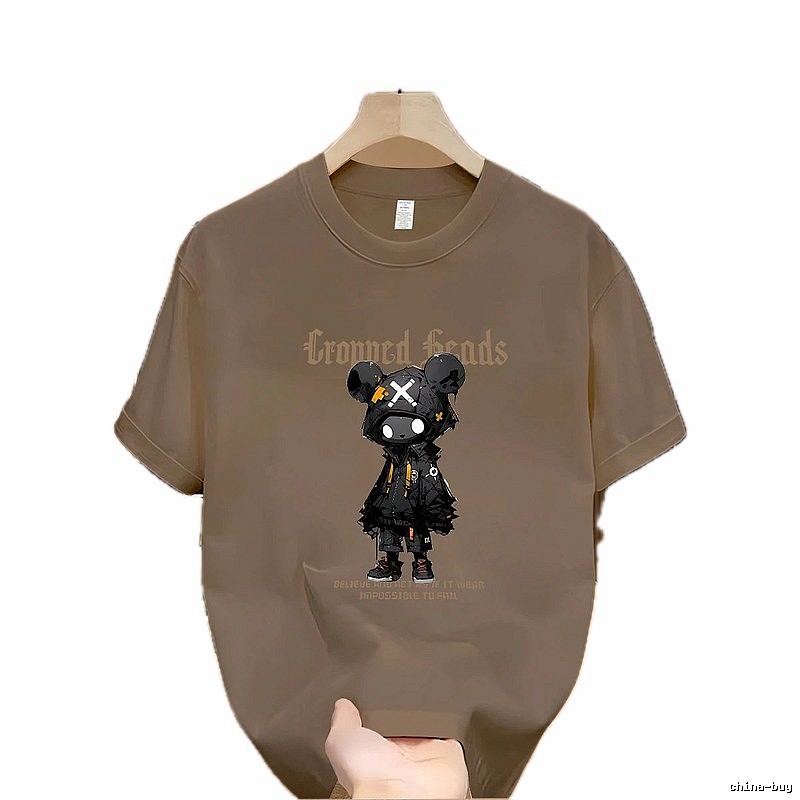Streetwear Street Style Violent Bear Print Khaki Short-sleeve T-shirt