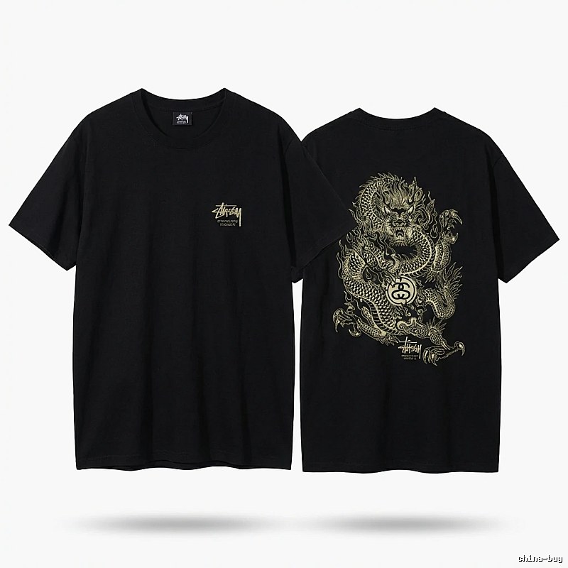 Stussy Dragon Pattern Chinese Style Black T-shirt