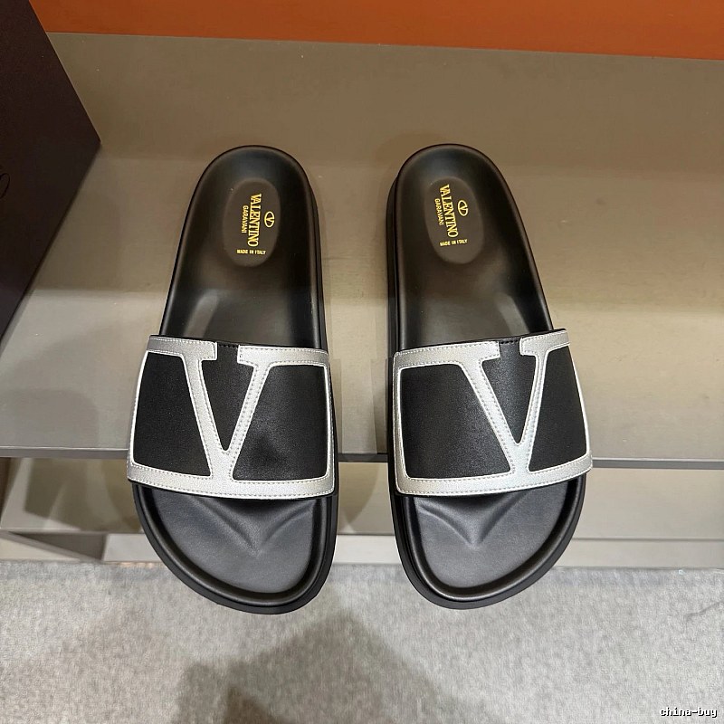 Valentino Large V Logo Light Luxury Style Black and Silver Slide Sandals